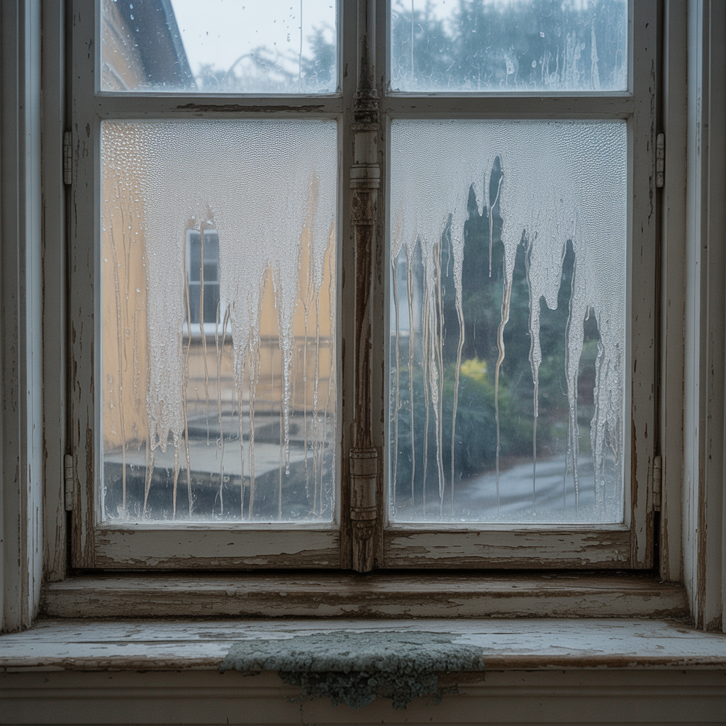 Window with condensation and frost buildup