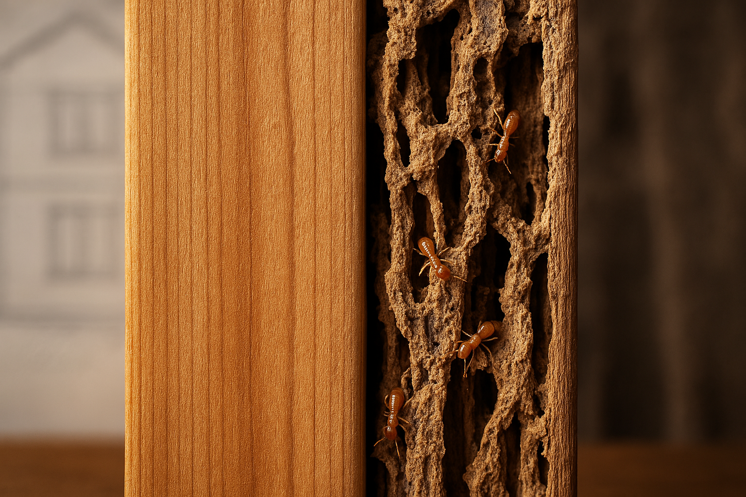 Severe termite damage in wooden structural beam showing tunnels and deterioration