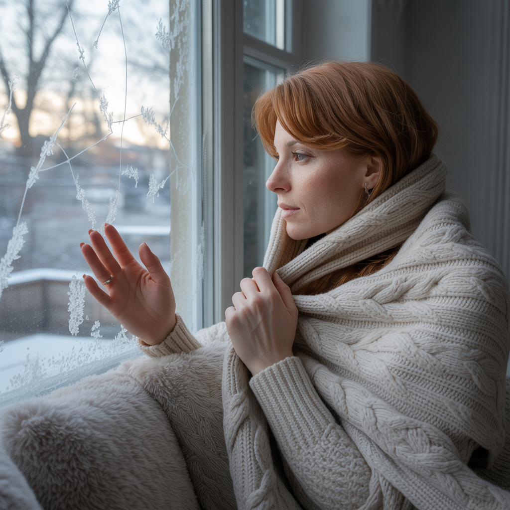 Woman feeling cold near drafty window